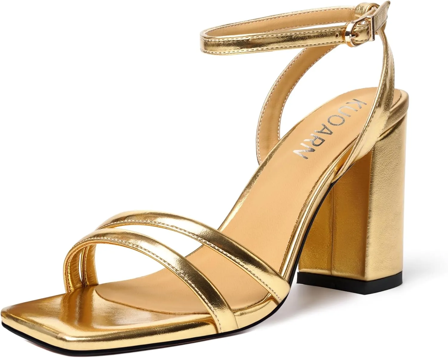 KUOARN Womens Buckle Matte Dress Evening Ankle Strap Square Toe Block High Heel Heeled Sandals 3.3 Inch