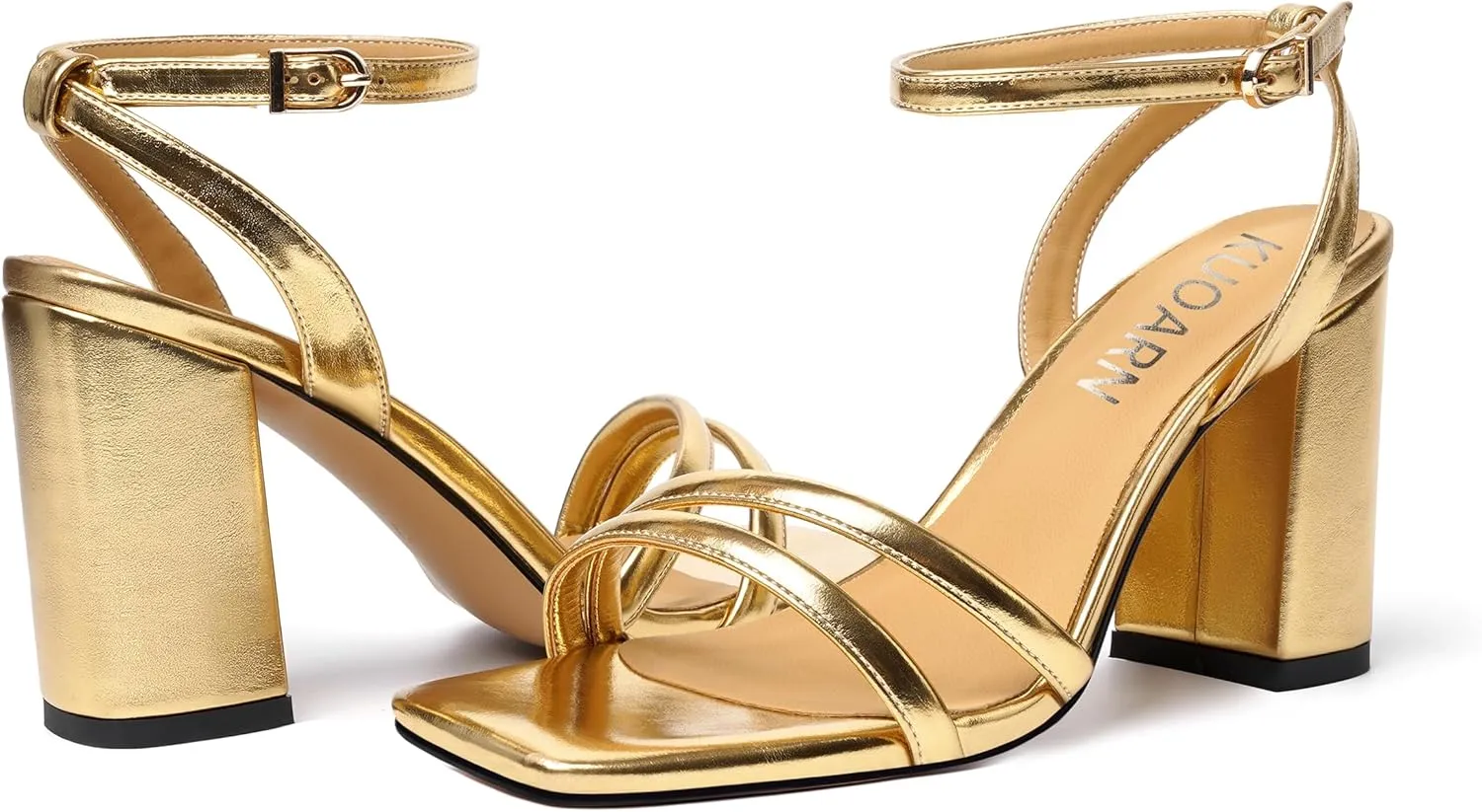 KUOARN Womens Buckle Matte Dress Evening Ankle Strap Square Toe Block High Heel Heeled Sandals 3.3 Inch