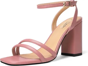 KUOARN Womens Buckle Matte Dress Evening Ankle Strap Square Toe Block High Heel Heeled Sandals 3.3 Inch