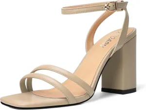 KUOARN Womens Buckle Matte Dress Evening Ankle Strap Square Toe Block High Heel Heeled Sandals 3.3 Inch