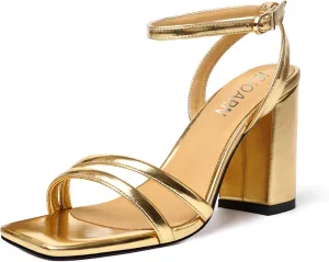 KUOARN Womens Buckle Matte Dress Evening Ankle Strap Square Toe Block High Heel Heeled Sandals 3.3 Inch