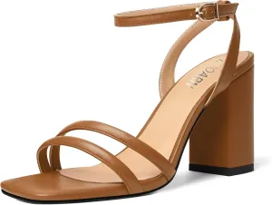 KUOARN Womens Buckle Matte Dress Evening Ankle Strap Square Toe Block High Heel Heeled Sandals 3.3 Inch