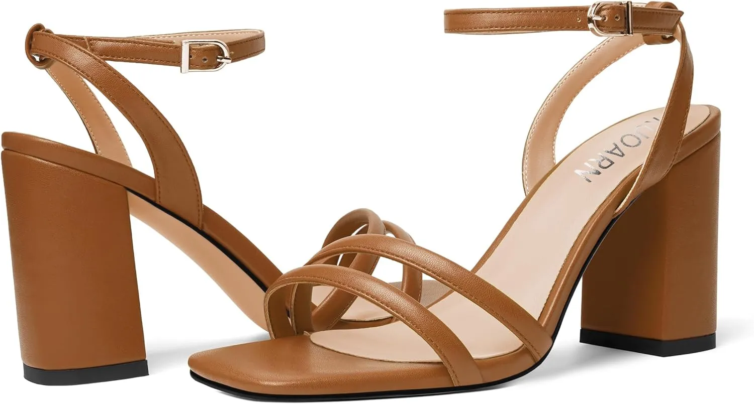 KUOARN Womens Buckle Matte Dress Evening Ankle Strap Square Toe Block High Heel Heeled Sandals 3.3 Inch