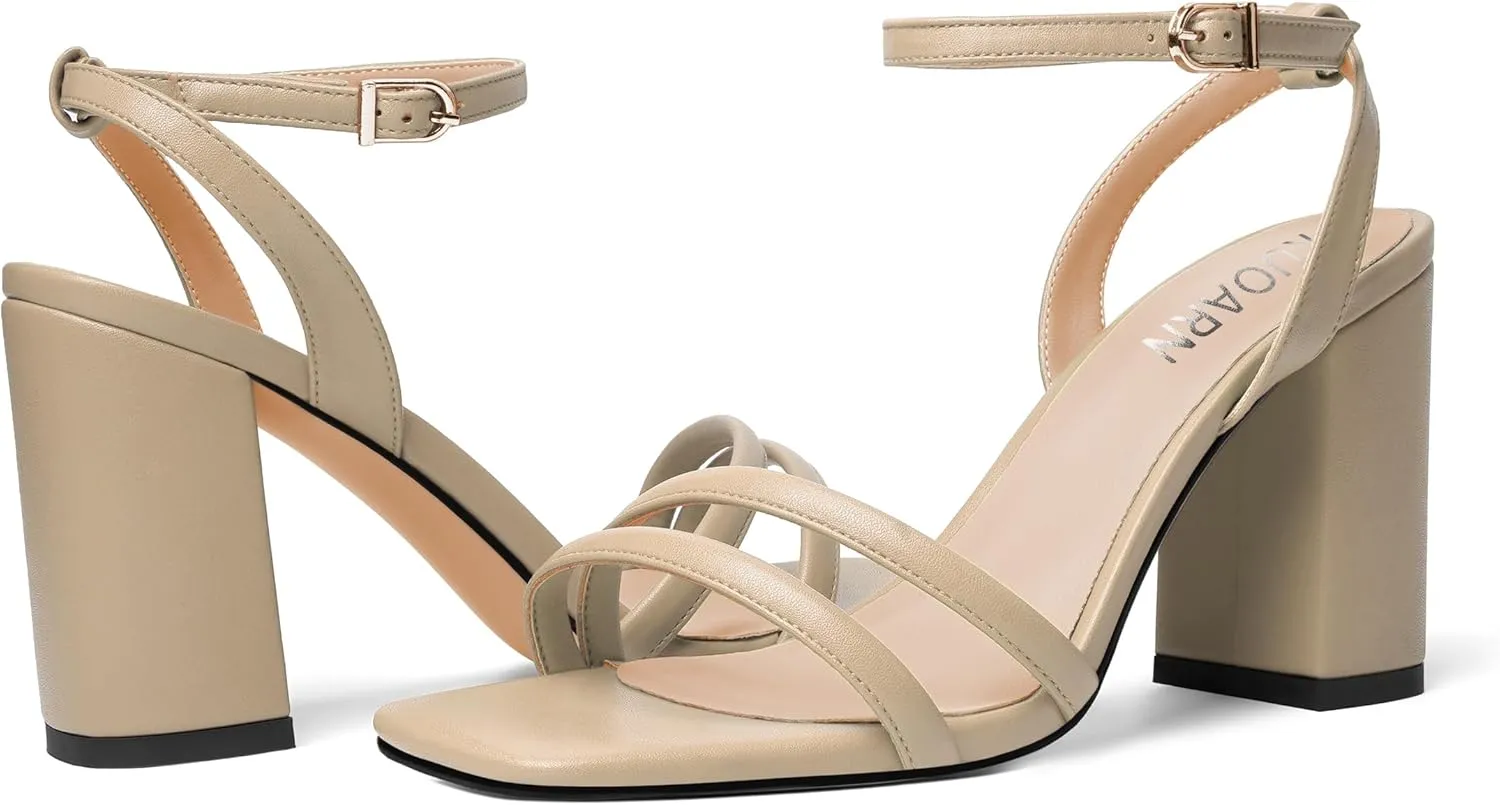 KUOARN Womens Buckle Matte Dress Evening Ankle Strap Square Toe Block High Heel Heeled Sandals 3.3 Inch
