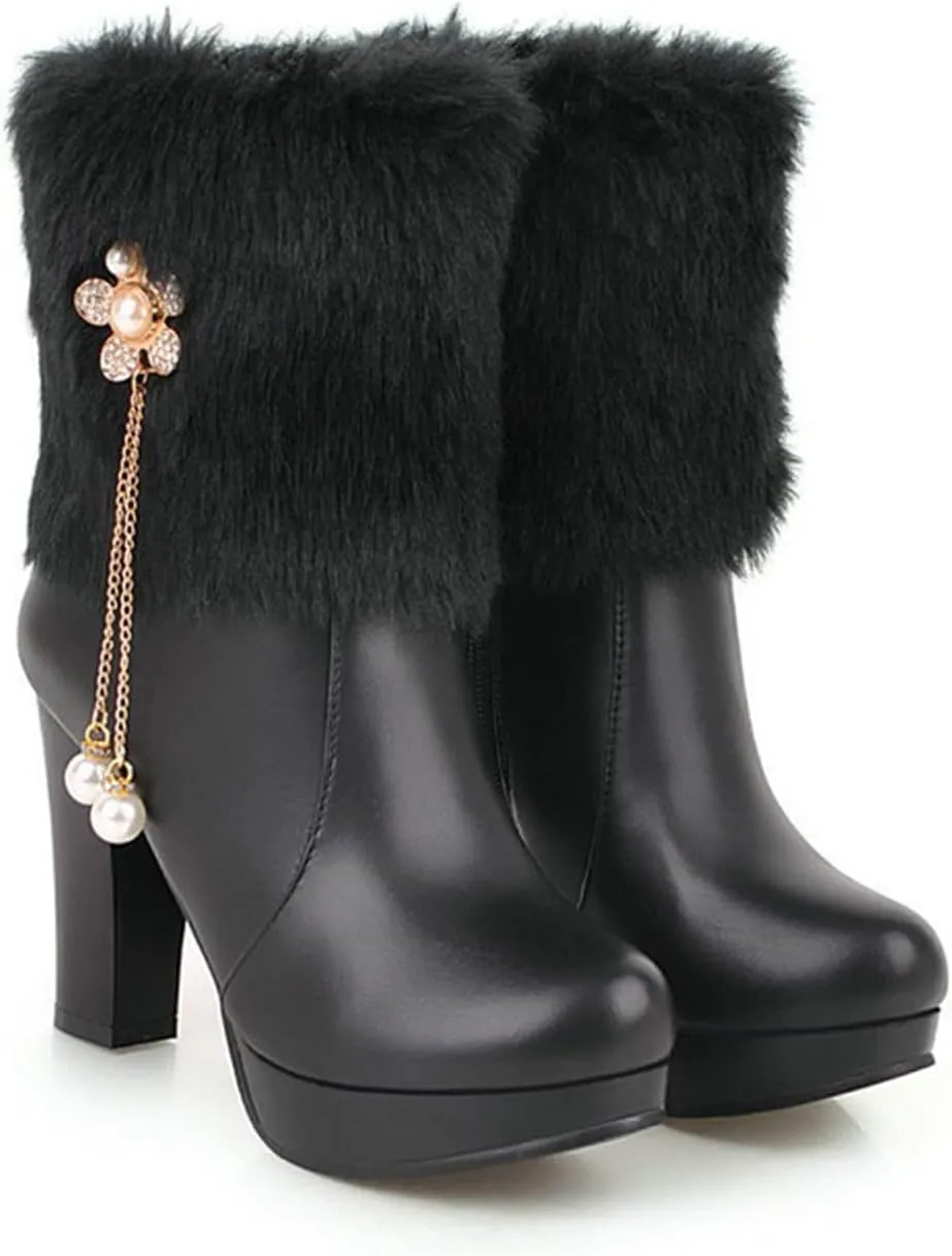 Ladies High Heels Ankle Boots Plateau Ankle Boots with Pendant Winter Lined Plush Snow Boot with Zipper Women Pu Leather Shoes