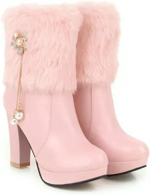 Ladies High Heels Ankle Boots Plateau Ankle Boots with Pendant Winter Lined Plush Snow Boot with Zipper Women Pu Leather Shoes