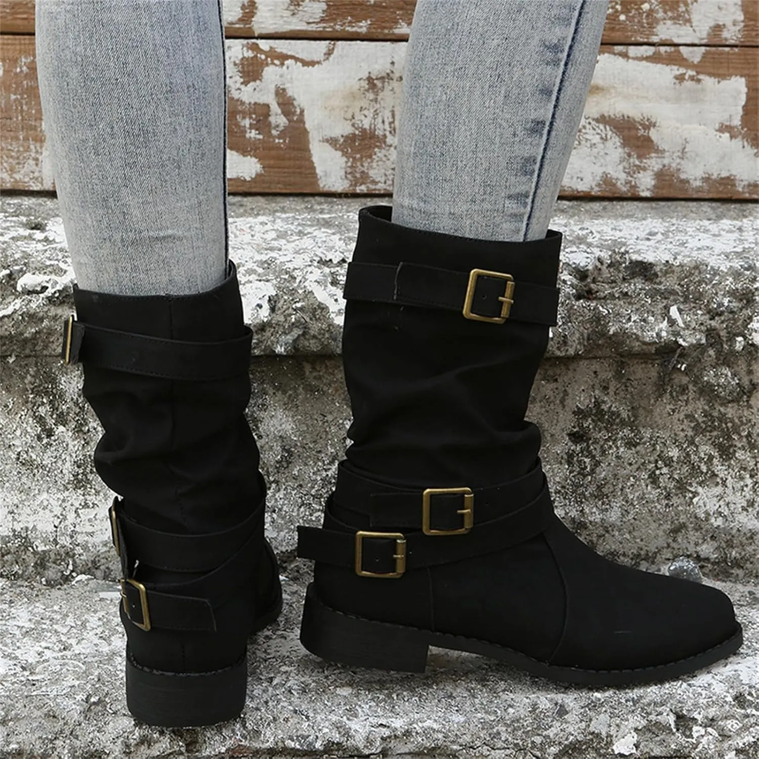 Ladmiple Boots For Women Ankle Booties Comfortable Mid Calf Low Heel Combat Boots Motorcycle Riding Military Biker Boots