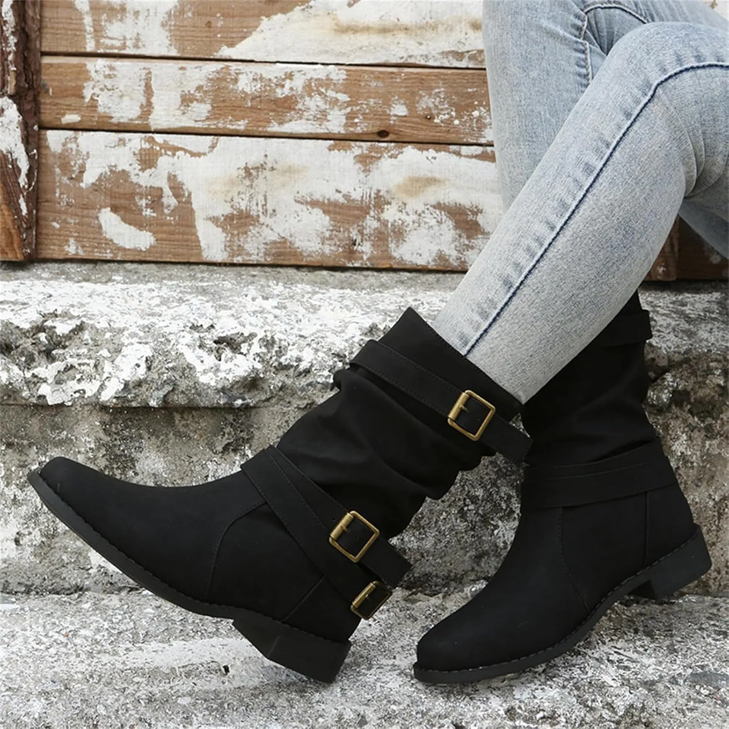 Ladmiple Boots For Women Ankle Booties Comfortable Mid Calf Low Heel Combat Boots Motorcycle Riding Military Biker Boots