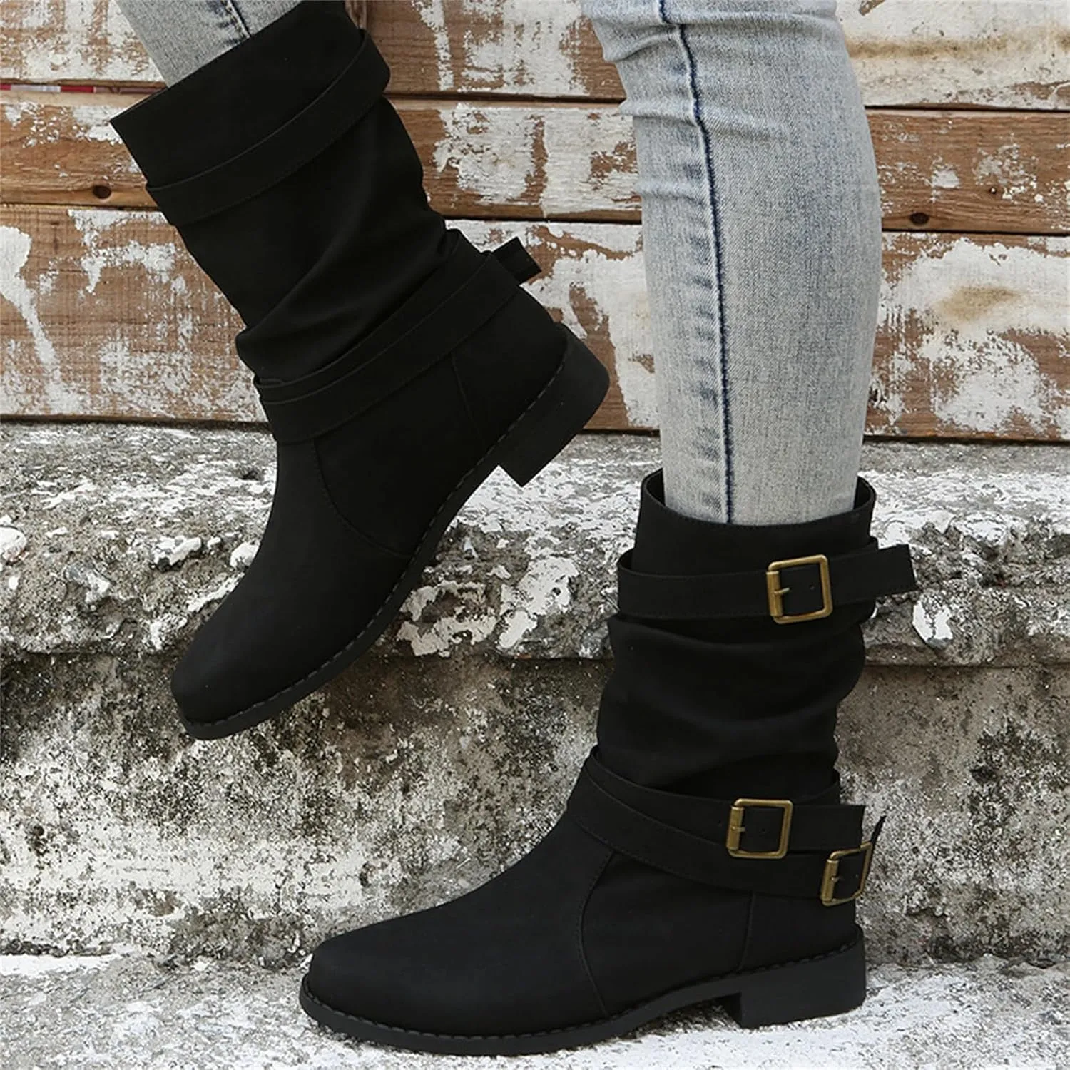 Ladmiple Boots For Women Ankle Booties Comfortable Mid Calf Low Heel Combat Boots Motorcycle Riding Military Biker Boots