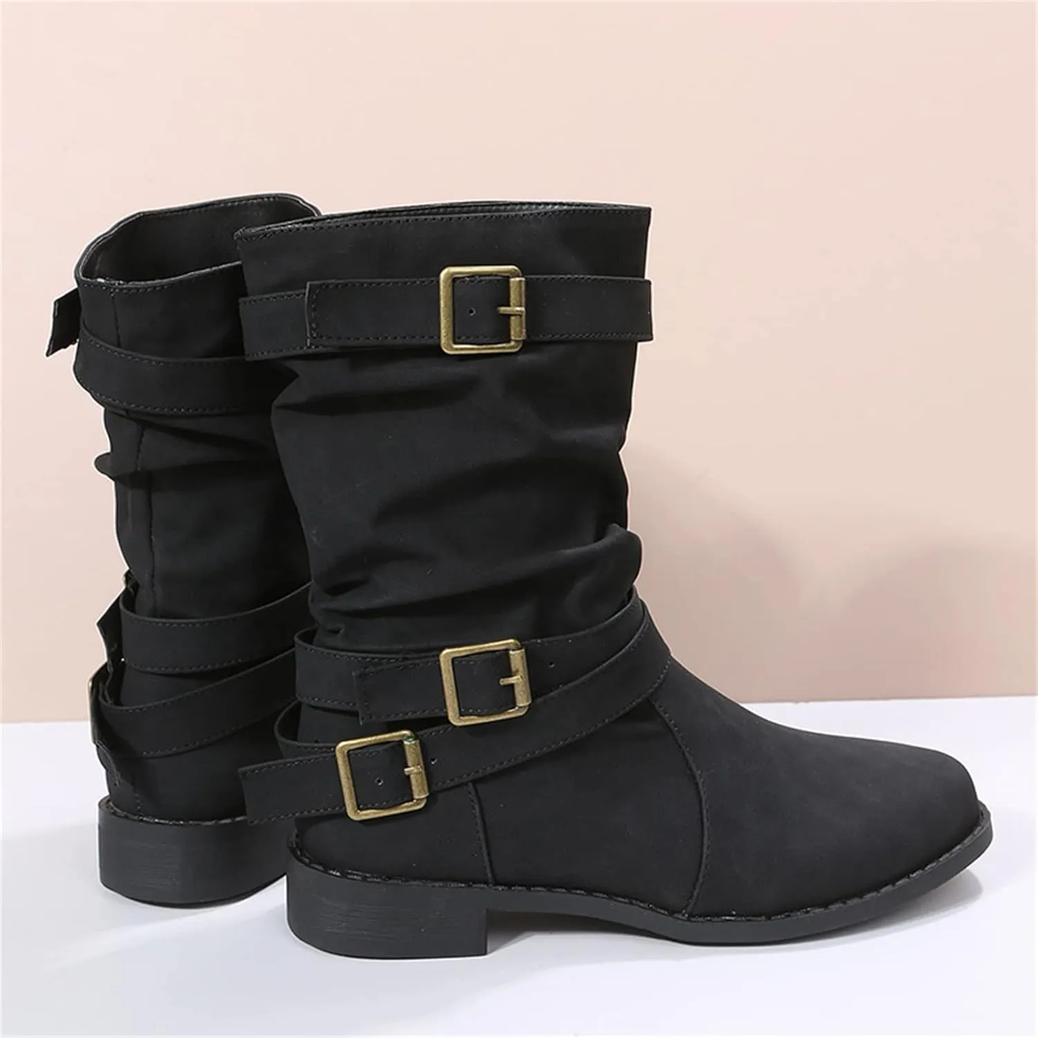 Ladmiple Boots For Women Ankle Booties Comfortable Mid Calf Low Heel Combat Boots Motorcycle Riding Military Biker Boots