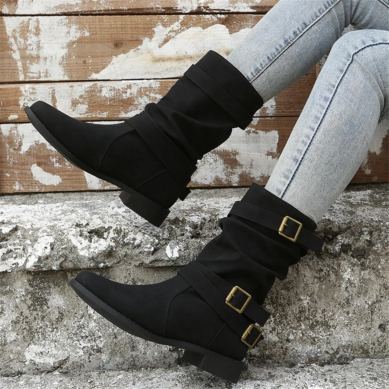 Ladmiple Boots For Women Ankle Booties Comfortable Mid Calf Low Heel Combat Boots Motorcycle Riding Military Biker Boots