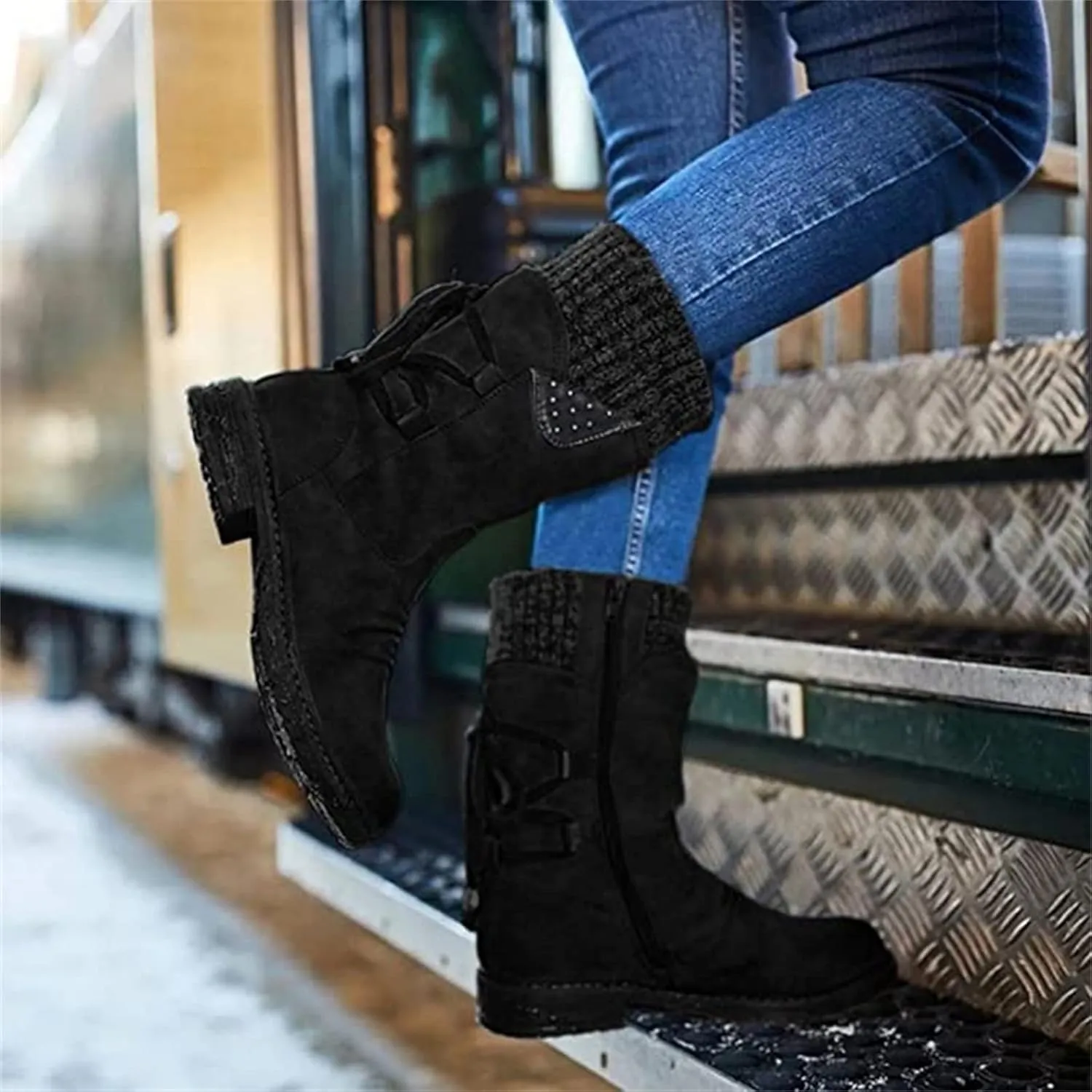 Lausiuoe Boots For Women Knee High Flat Heel Combat Boots Side Zipper Mid Calf Boots Winter Biker Motorcycle Riding Boots
