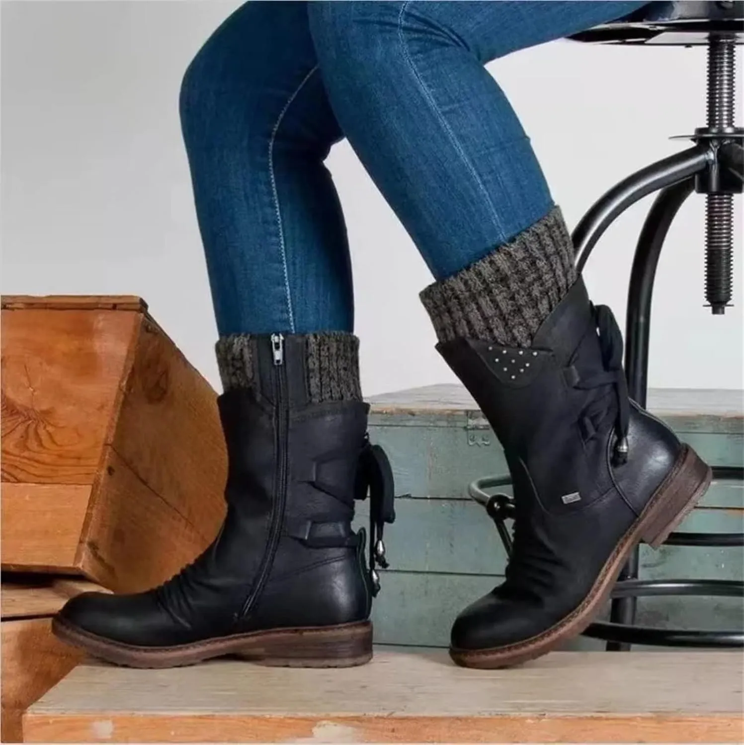 Lausiuoe Boots For Women Knee High Flat Heel Combat Boots Side Zipper Mid Calf Boots Winter Biker Motorcycle Riding Boots