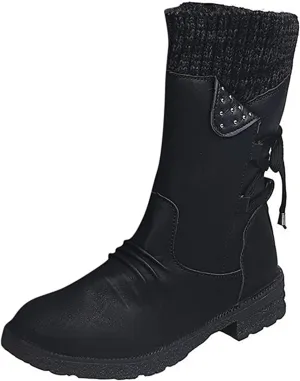 Lausiuoe Boots For Women Knee High Flat Heel Combat Boots Side Zipper Mid Calf Boots Winter Biker Motorcycle Riding Boots