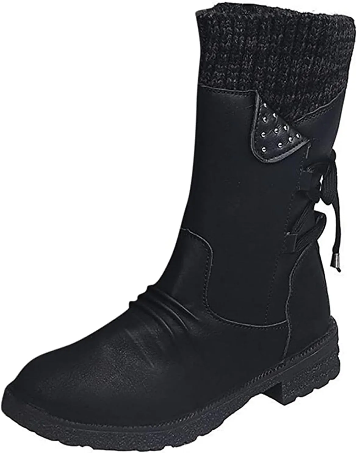 Lausiuoe Boots For Women Knee High Flat Heel Combat Boots Side Zipper Mid Calf Boots Winter Biker Motorcycle Riding Boots