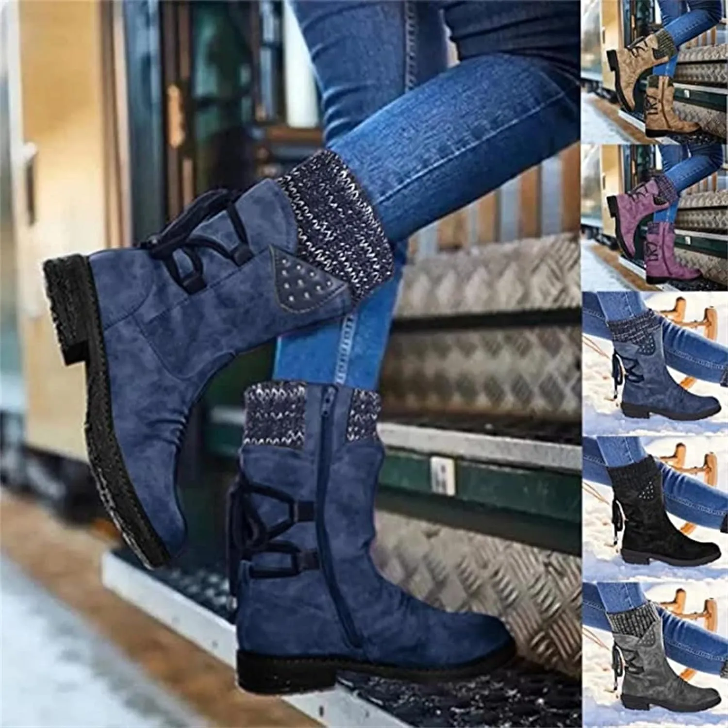 Lausiuoe Boots For Women Knee High Flat Heel Combat Boots Side Zipper Mid Calf Boots Winter Biker Motorcycle Riding Boots