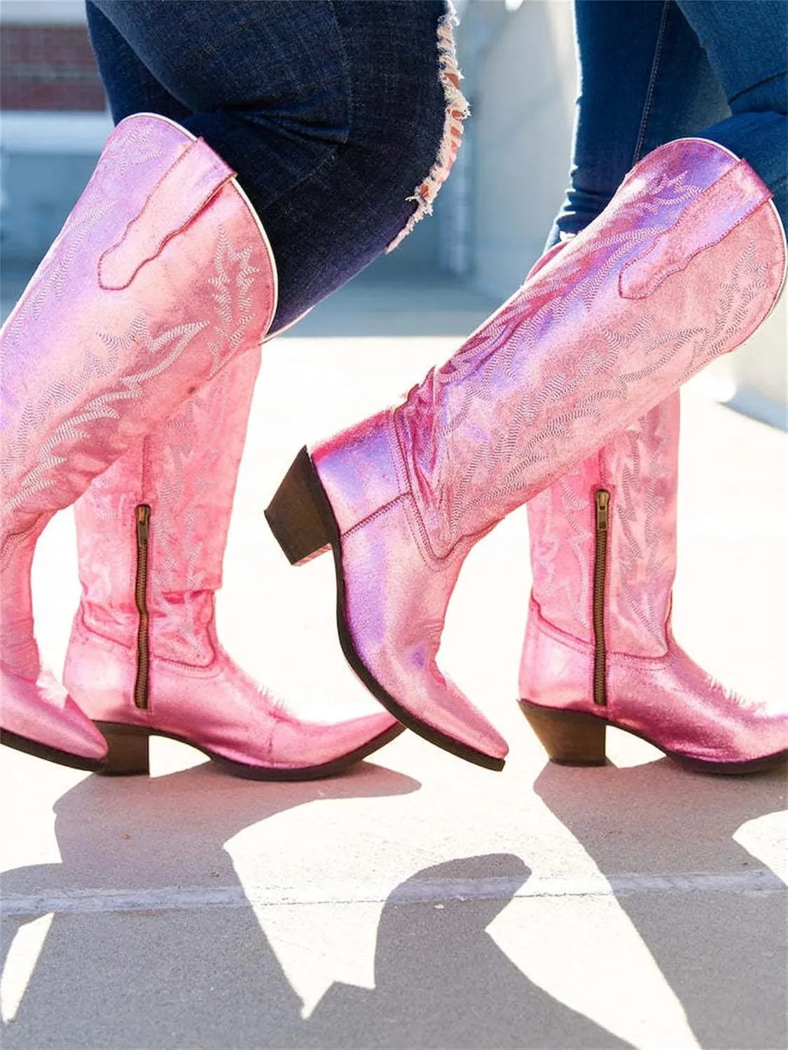 Lausiuoe Cowboy Boots For Women Wide Calf Knee High Cowgirl Western Boots Embroidery Low Heel Chunky Heel Boot Pull-On