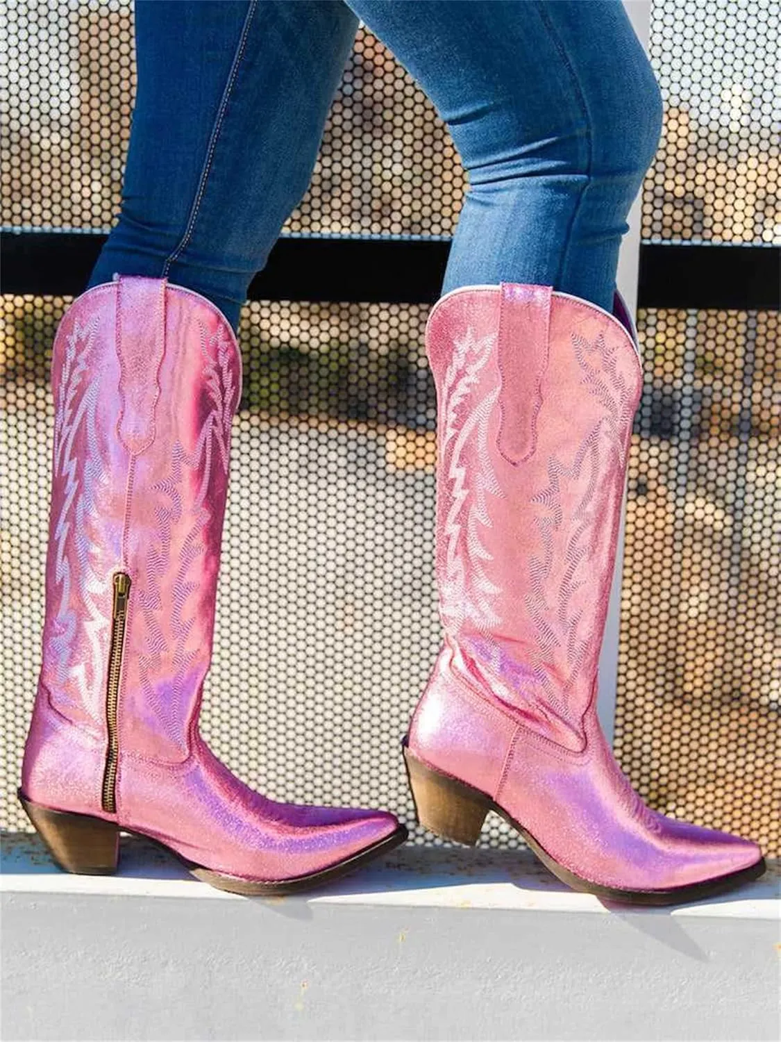 Lausiuoe Cowboy Boots For Women Wide Calf Knee High Cowgirl Western Boots Embroidery Low Heel Chunky Heel Boot Pull-On