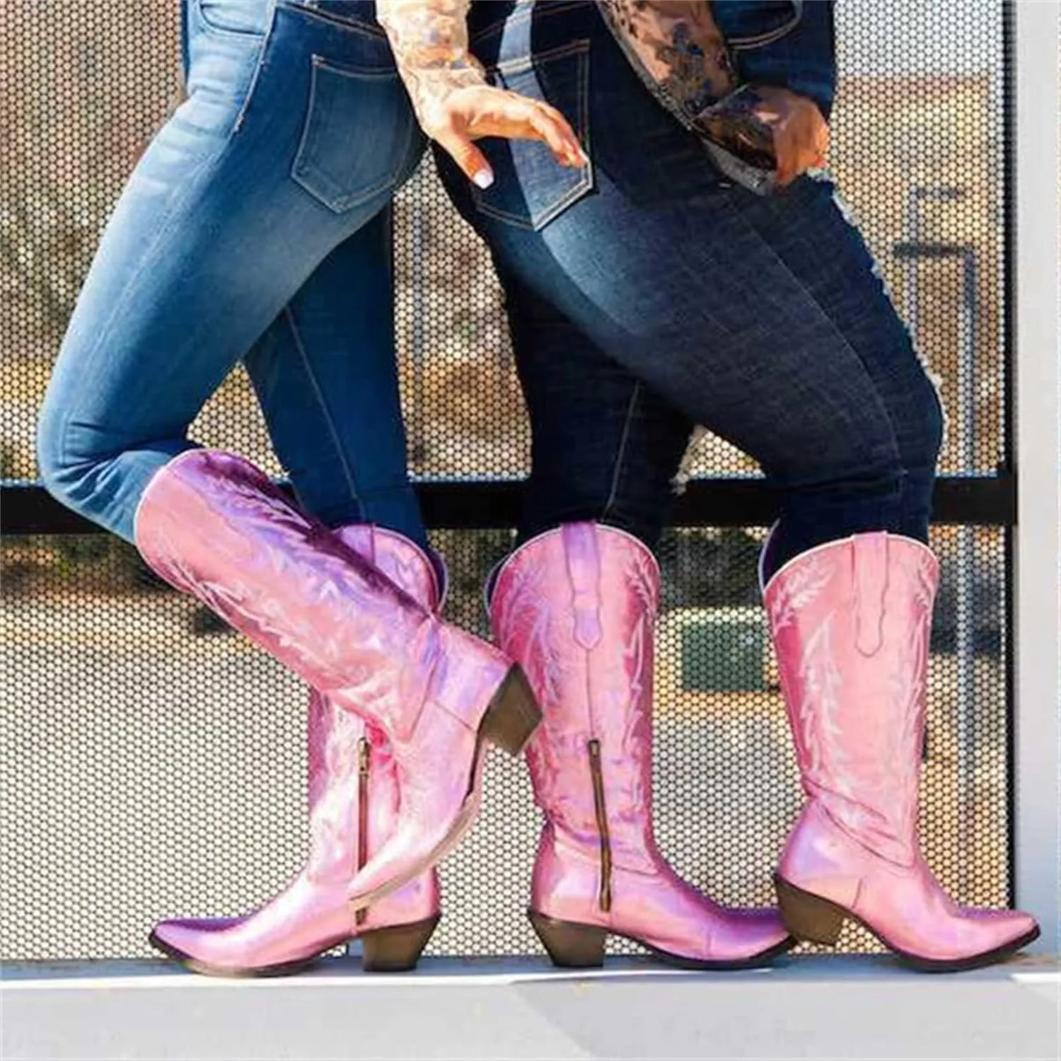 Lausiuoe Cowboy Boots For Women Wide Calf Knee High Cowgirl Western Boots Embroidery Low Heel Chunky Heel Boot Pull-On