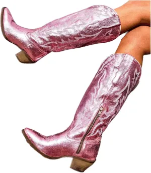 Lausiuoe Cowboy Boots For Women Wide Calf Knee High Cowgirl Western Boots Embroidery Low Heel Chunky Heel Boot Pull-On