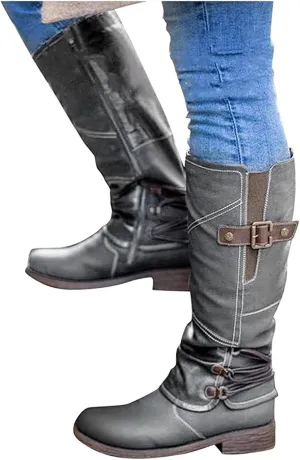 Lausiuoe Cowboy Boots For Women Wide Calf Wide Foot Knee High Western Cowgirl Style Embroidered Chunky Heel Fashion Boot