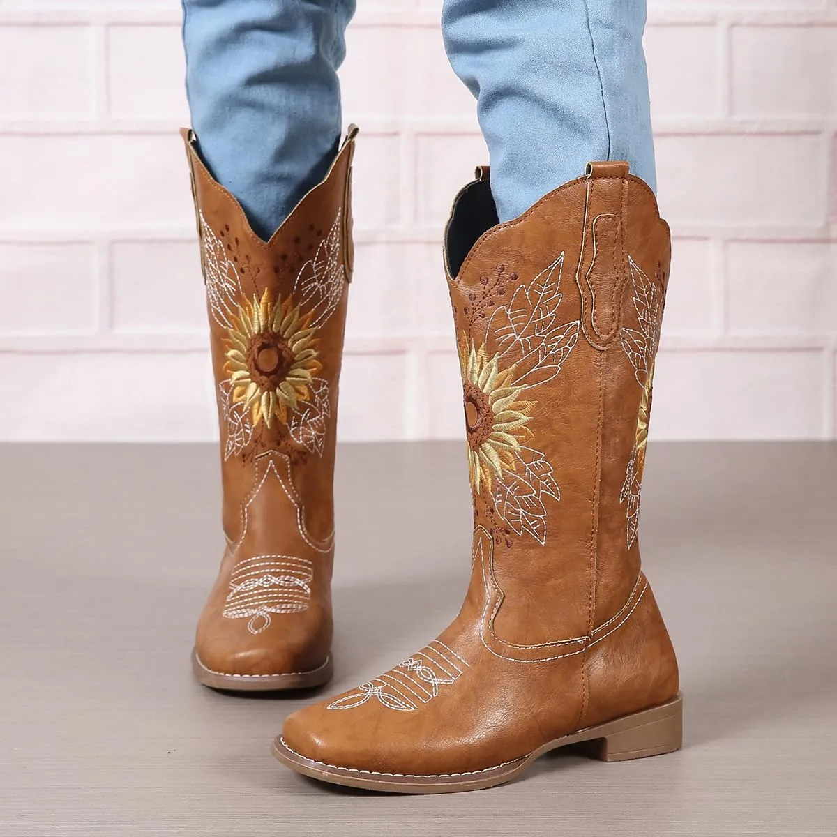 Lausiuoe Cowboy Boots For Women Wide Calf Wide Foot Western Cowgirl Knee High Embroidered Chunky Heel Classic Booties