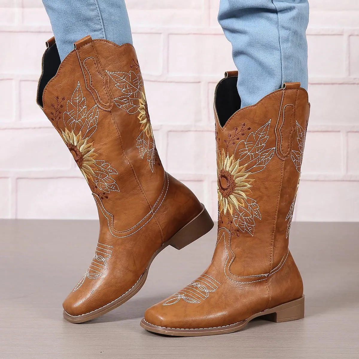 Lausiuoe Cowboy Boots For Women Wide Calf Wide Foot Western Cowgirl Knee High Embroidered Chunky Heel Classic Booties