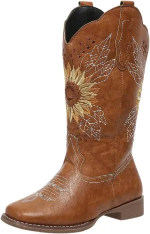 Lausiuoe Cowboy Boots For Women Wide Calf Wide Foot Western Cowgirl Knee High Embroidered Chunky Heel Classic Booties