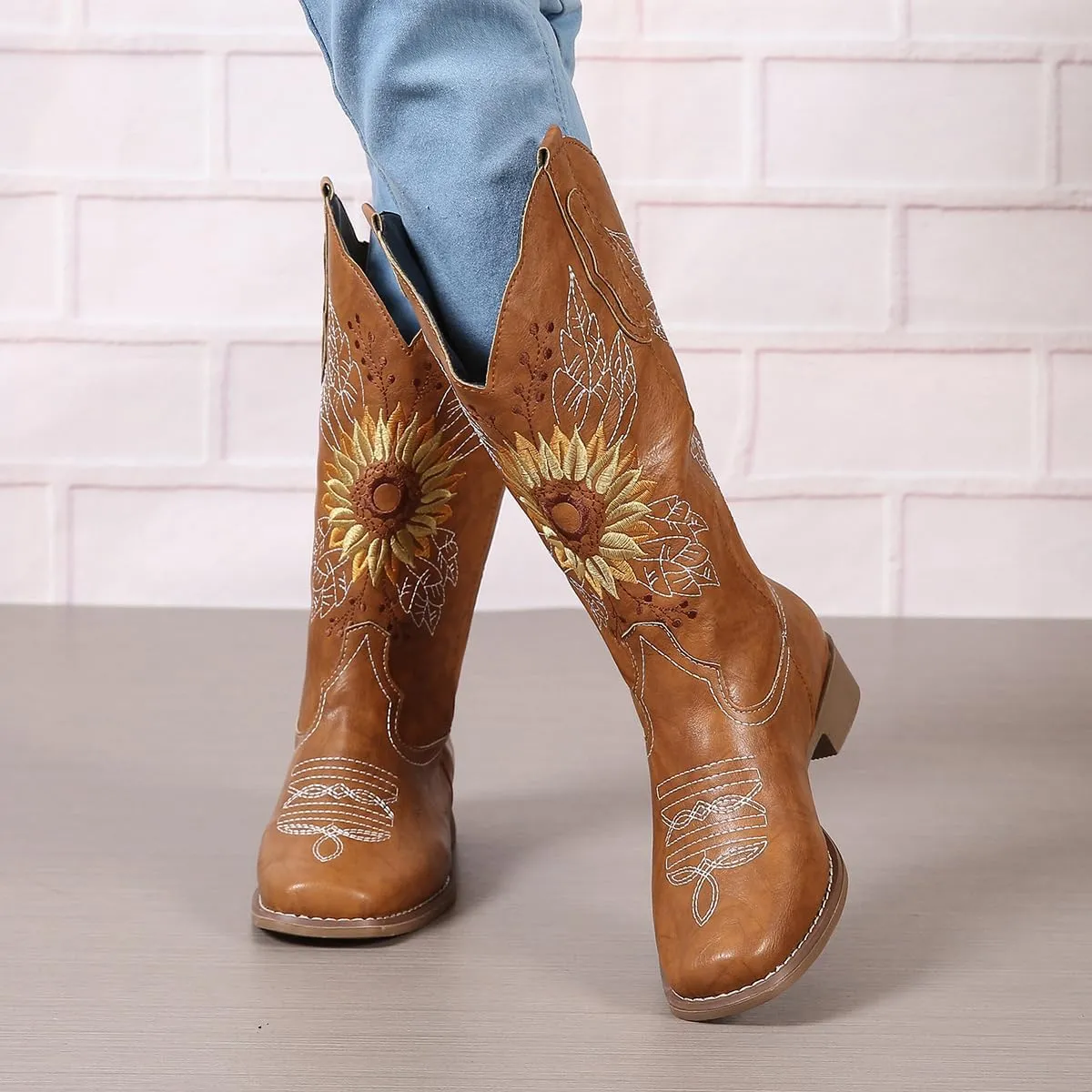 Lausiuoe Cowboy Boots For Women Wide Calf Wide Foot Western Cowgirl Knee High Embroidered Chunky Heel Classic Booties