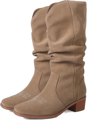 LEHOOR Vintage Chunky Stacked Heel Pleated Mid Calf Western Boots for Women Square Toe Embroidered Cowboy Cowgirl Boots Pull On Slouchy Knee High Boots Suede V Cut Comfort Retro Fall Winter 4-11 M US