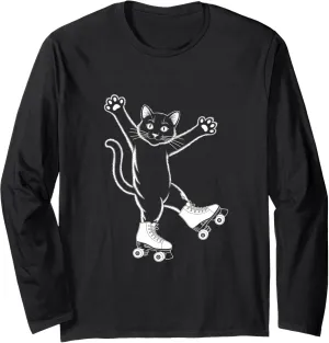 Line Art Realistic Cat in Roller Skate Shoes Roller Skating Long Sleeve T-Shirt