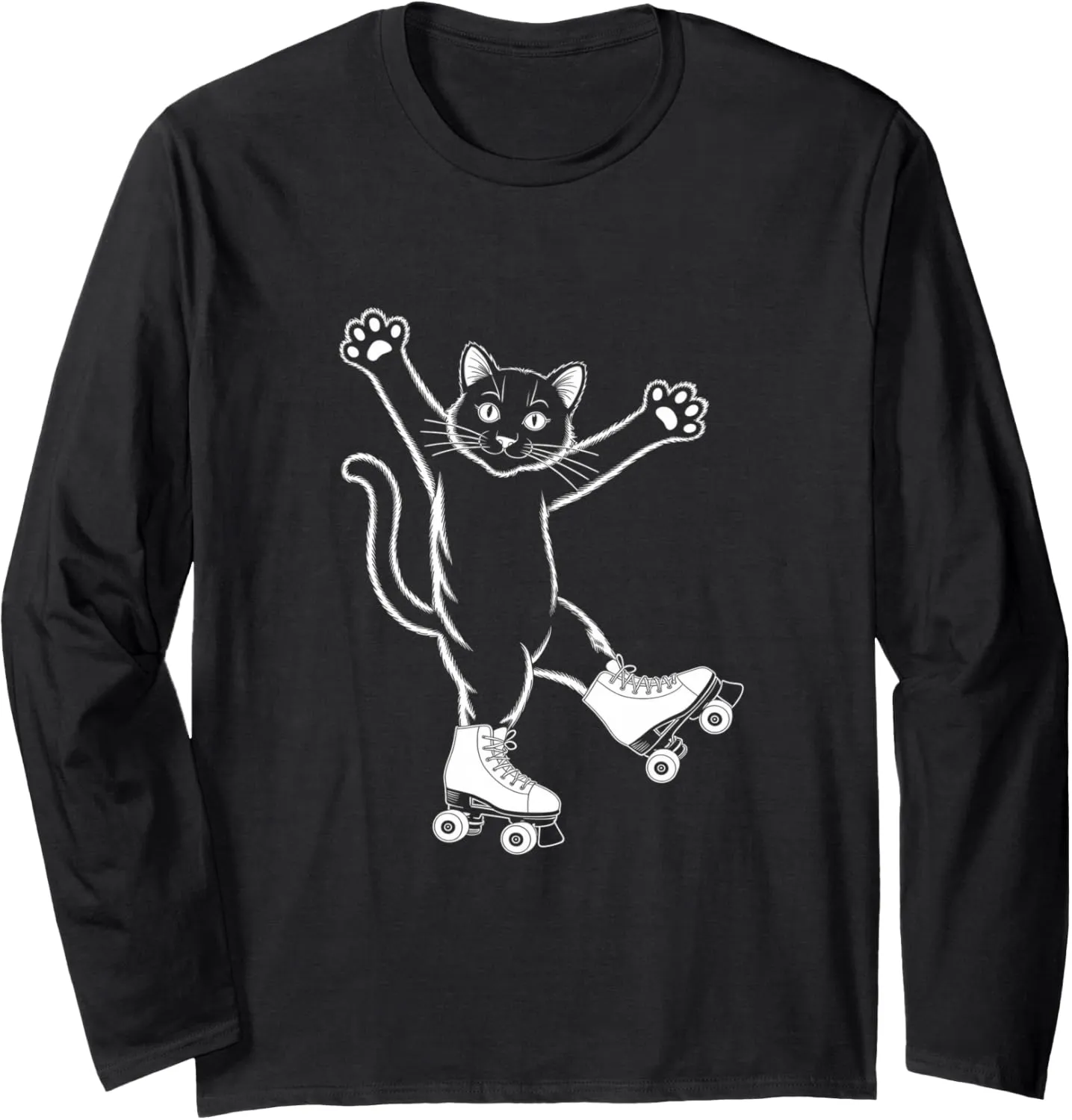 Line Art Realistic Cat in Roller Skate Shoes Roller Skating Long Sleeve T-Shirt
