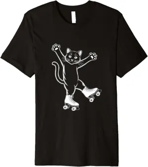 Line Art Realistic Cat in Roller Skate Shoes Roller Skating Premium T-Shirt
