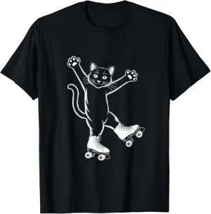 Line Art Realistic Cat in Roller Skate Shoes Roller Skating T-Shirt