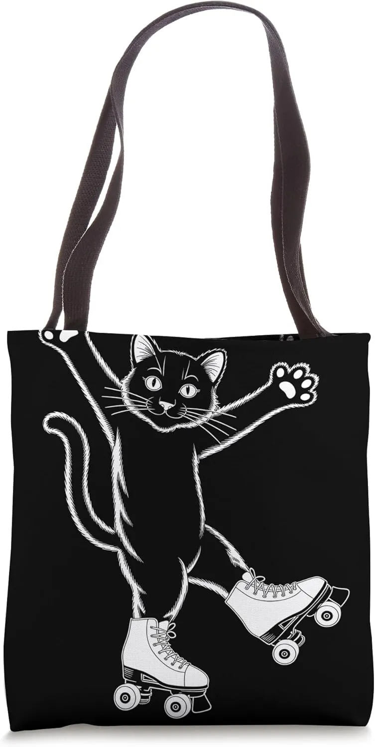 Line Art Realistic Cat in Roller Skate Shoes Roller Skating Tote Bag