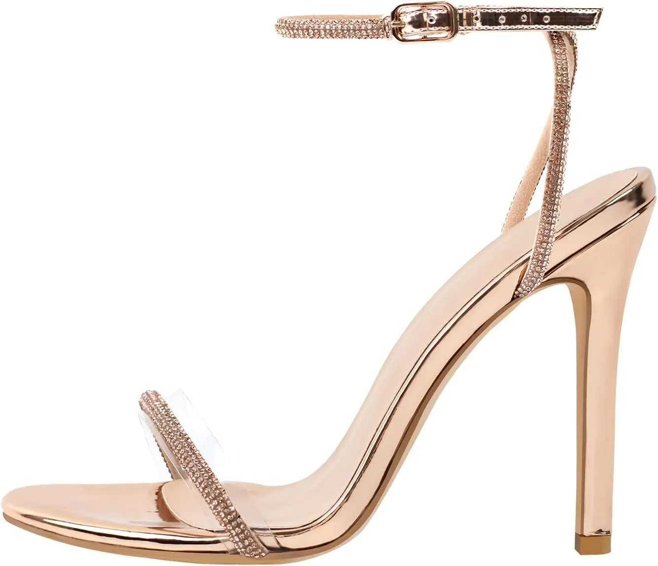 LISHAN Women's Ankle Buckle Slingback High Heels Sparkly Diamante PVC Single Band Sandals