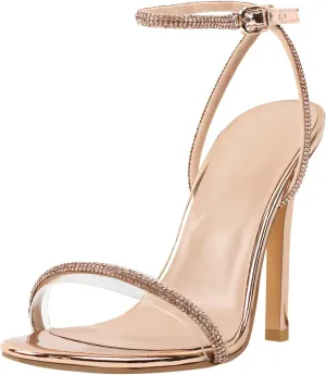LISHAN Women's Ankle Buckle Slingback High Heels Sparkly Diamante PVC Single Band Sandals
