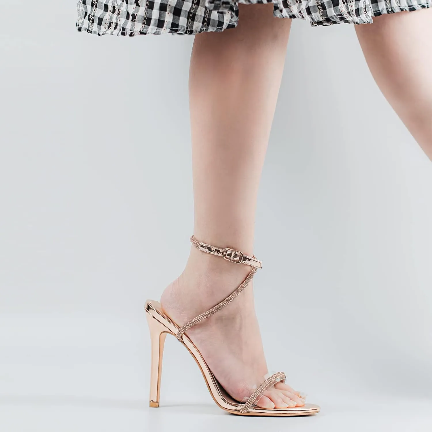 LISHAN Women's Ankle Buckle Slingback High Heels Sparkly Diamante PVC Single Band Sandals
