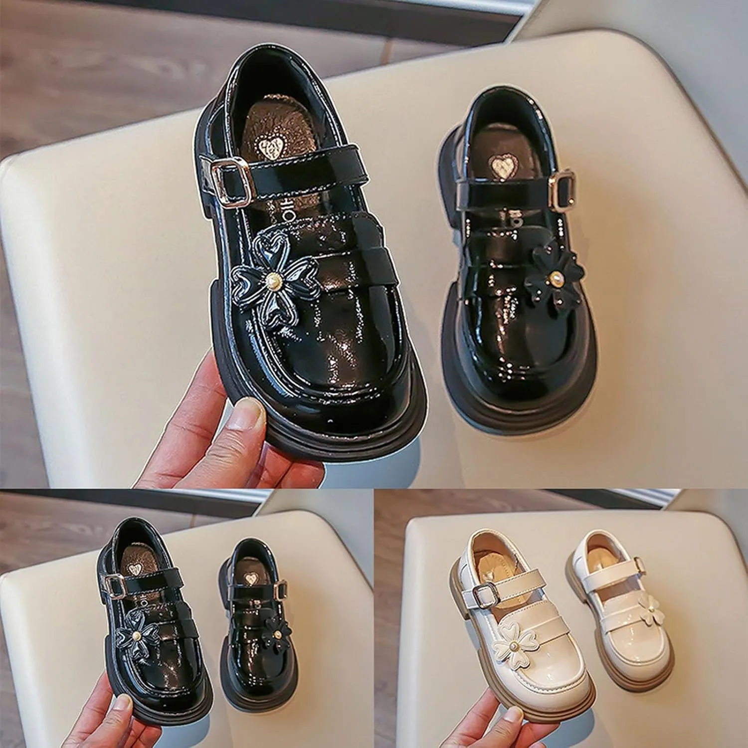 Little Child Girl Flat Loafers Princess Leather Shoes Reflective Shiny Non Slip Shoes with Metal Buckles