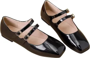 LUXINYU Mary Jane Flats for Women Dressy Retro Square Toe Ankle Strap Ballet Flats Comfortable Patent Leather Shoes