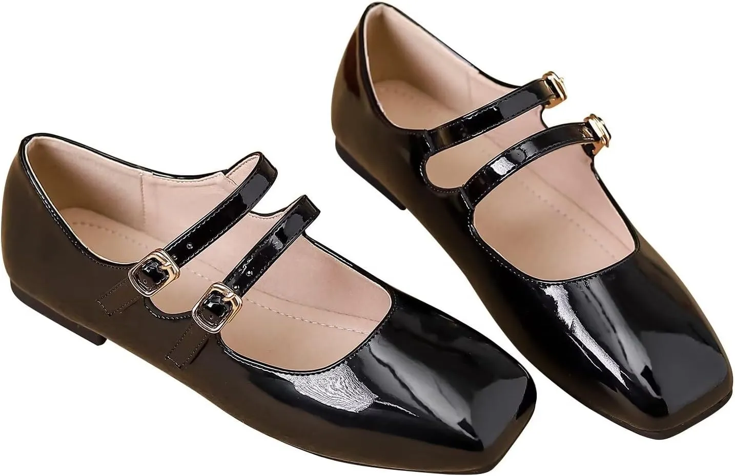 LUXINYU Mary Jane Flats for Women Dressy Retro Square Toe Ankle Strap Ballet Flats Comfortable Patent Leather Shoes