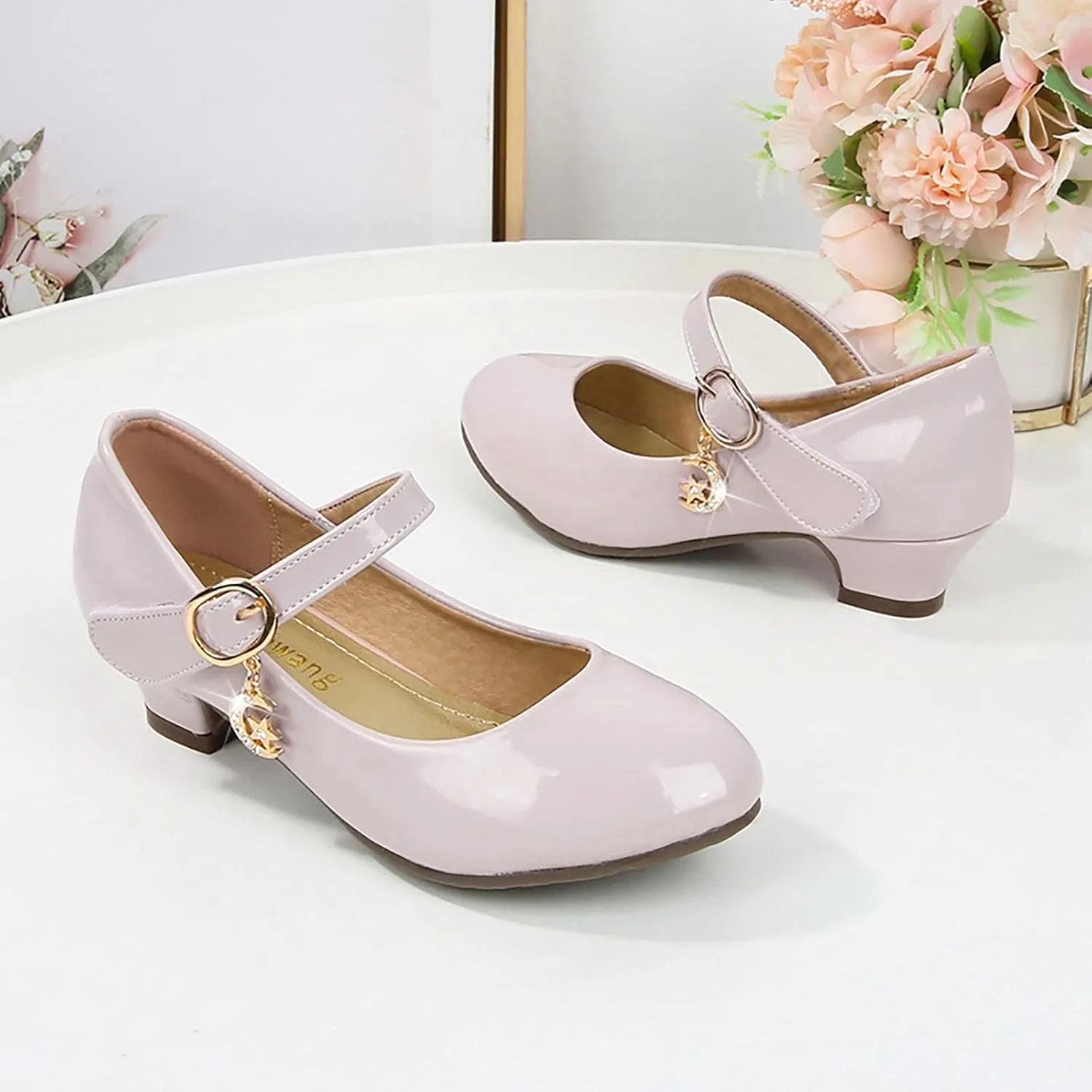 Mary Jane Shoes for Girls Low Heel Dress Shoes Flower Kids School Shoes Patent Leather Shoes for Wedding Party