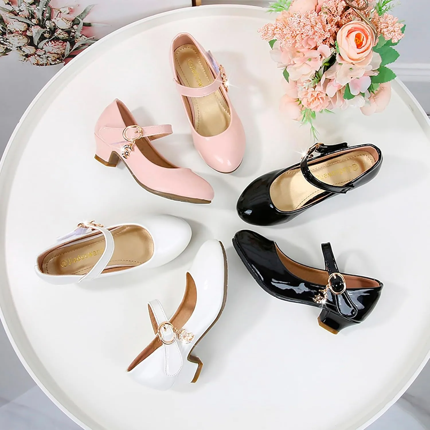 Mary Jane Shoes for Girls Low Heel Dress Shoes Flower Kids School Shoes Patent Leather Shoes for Wedding Party