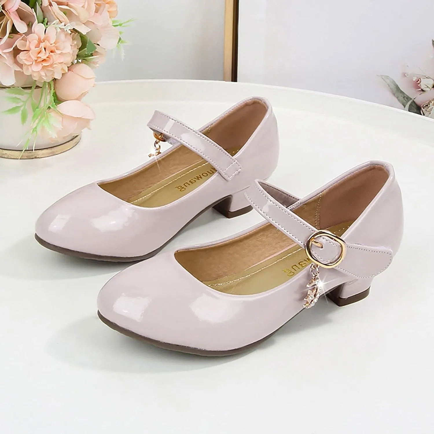Mary Jane Shoes for Girls Low Heel Dress Shoes Flower Kids School Shoes Patent Leather Shoes for Wedding Party