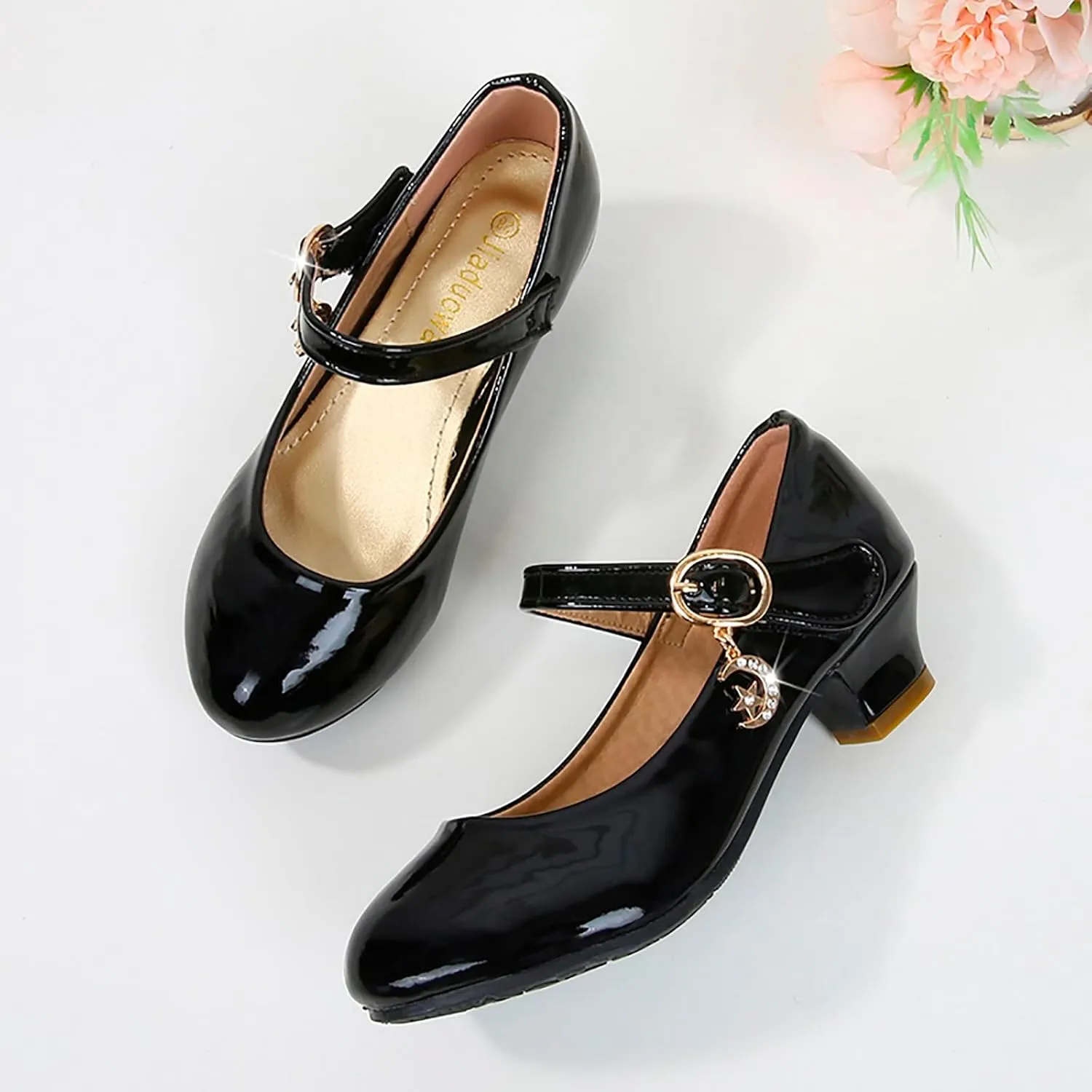 Mary Jane Shoes for Girls Low Heel Dress Shoes Flower Kids School Shoes Patent Leather Shoes for Wedding Party