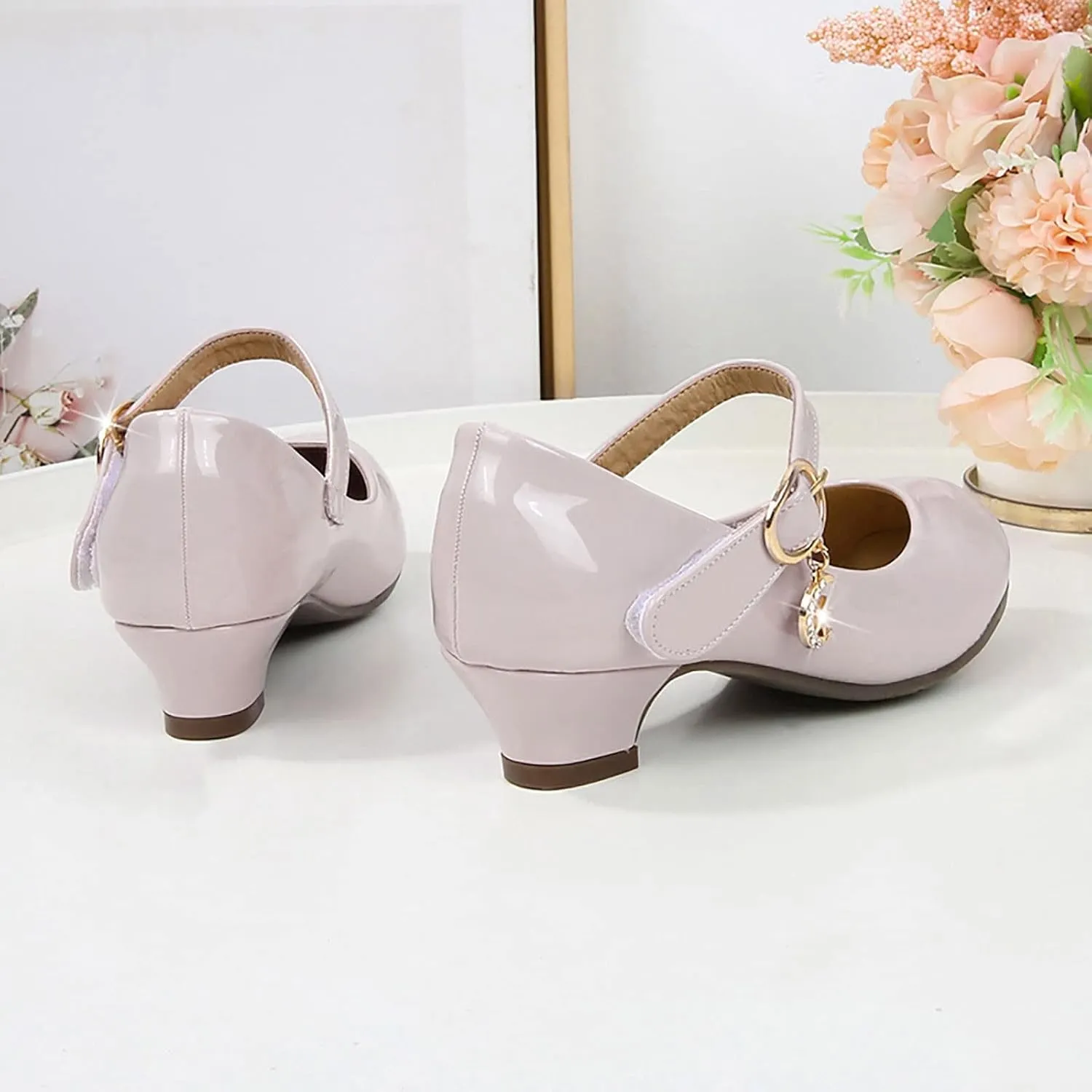 Mary Jane Shoes for Girls Low Heel Dress Shoes Flower Kids School Shoes Patent Leather Shoes for Wedding Party