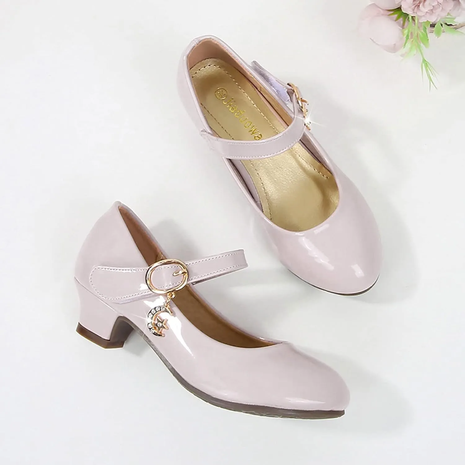 Mary Jane Shoes for Girls Low Heel Dress Shoes Flower Kids School Shoes Patent Leather Shoes for Wedding Party