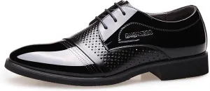 Men's Business Vegan Patent Leather Oxfords Lace up Perforated 6cm Taller Shoes Block Heel Point Toe Dress Oxfords Solid Color Formal Men
