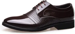 Men's Business Vegan Patent Leather Oxfords Lace up Perforated 6cm Taller Shoes Block Heel Point Toe Dress Oxfords Solid Color Formal Men