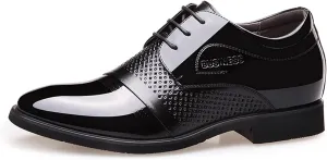 Men's Business Vegan Patent Leather Oxfords Lace up Perforated 6cm Taller Shoes Block Heel Point Toe Dress Oxfords Solid Color Formal Men